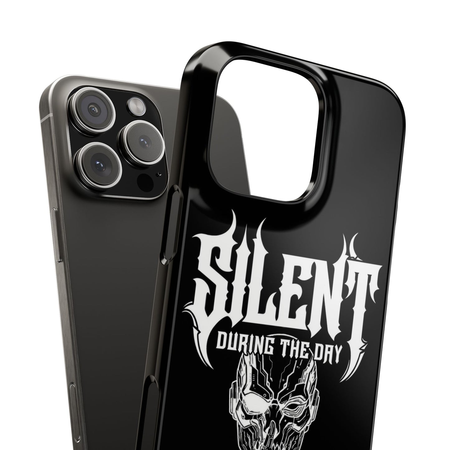 Nightfall tagline Phone Case — "Silent During the Day, Active at Night" Gothic Skull Design