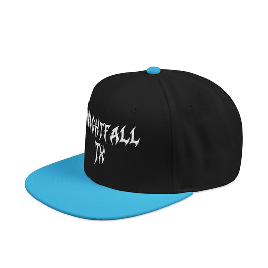 Nightfall Texas Snapback Hat — Black & Cyan Split Brim with Distressed Script