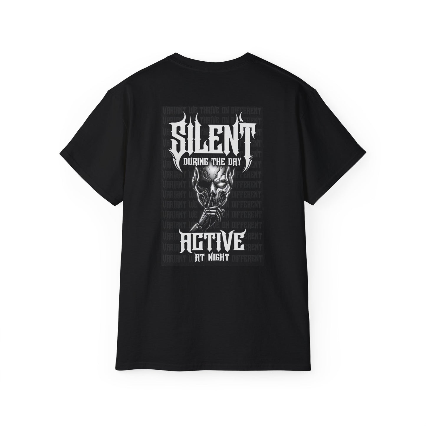 Nightfall TX Graphic T-Shirt — "Silent During the Day, Active at Night" Gothic Skull Tee