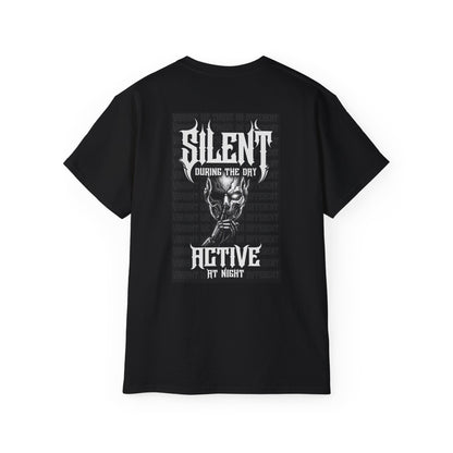 Nightfall TX Graphic T-Shirt — "Silent During the Day, Active at Night" Gothic Skull Tee