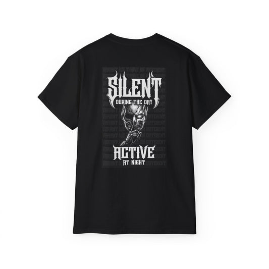 Nightfall TX Graphic T-Shirt — "Silent During the Day, Active at Night" Gothic Skull Tee