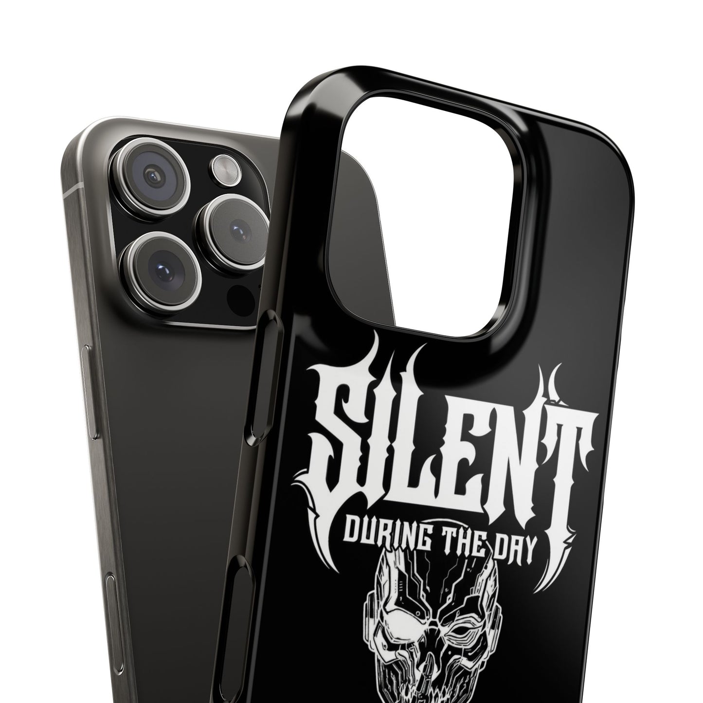 Nightfall tagline Phone Case — "Silent During the Day, Active at Night" Gothic Skull Design