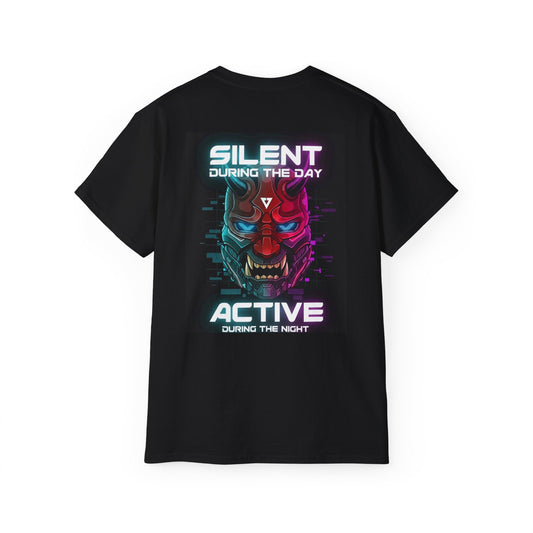 Silent During the Day Active at Night— Cyberpunk Oni Mask Graphic Tee
