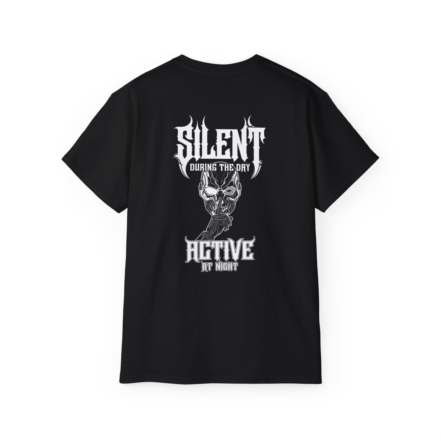 Nightfall TX Skull Tee – "Silent During the Day, Active by Night" Gothic Graphic T-Shirt