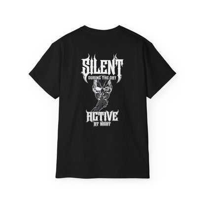 Nightfall TX Skull Tee – "Silent During the Day, Active by Night" Gothic Graphic T-Shirt