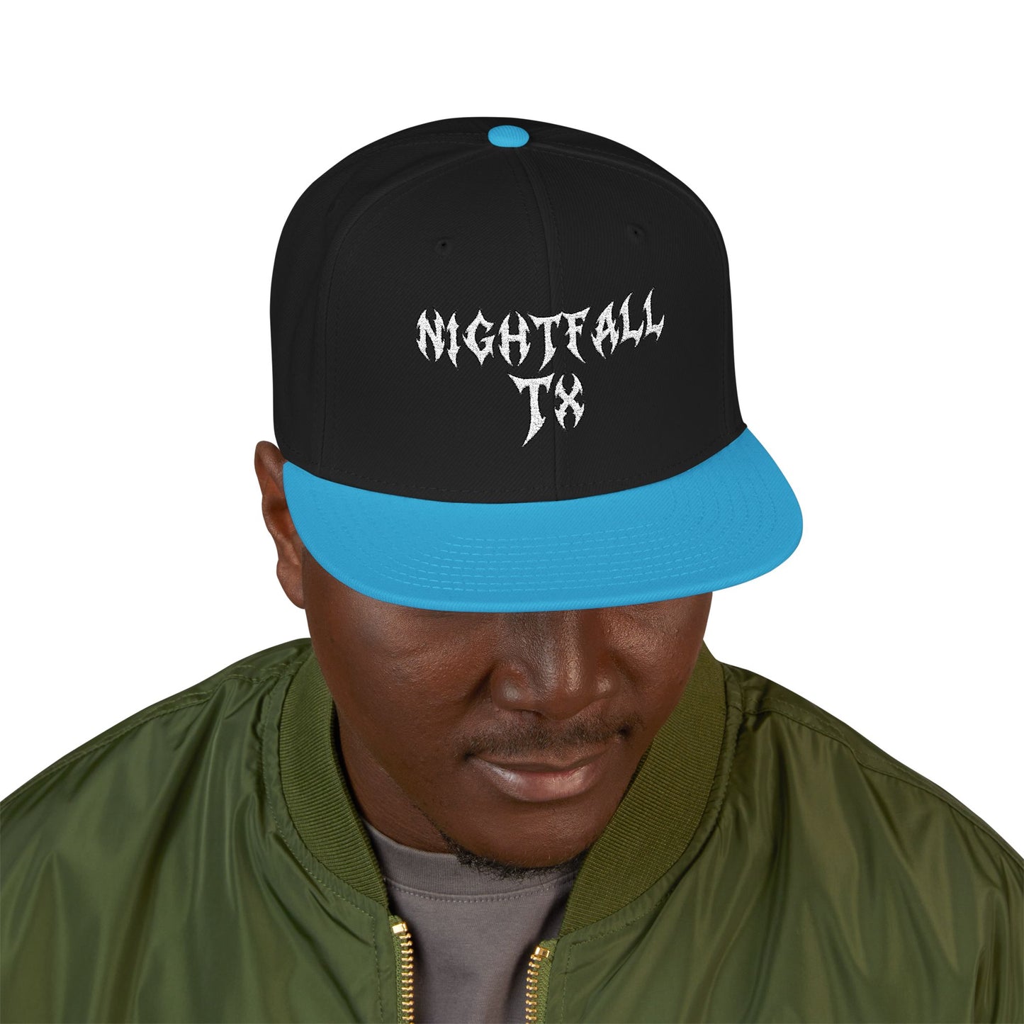 Nightfall Texas Snapback Hat — Black & Cyan Split Brim with Distressed Script