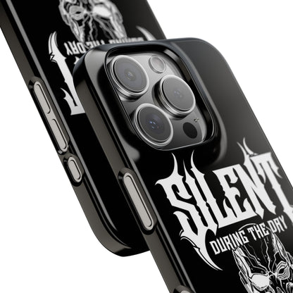 Nightfall tagline Phone Case — "Silent During the Day, Active at Night" Gothic Skull Design