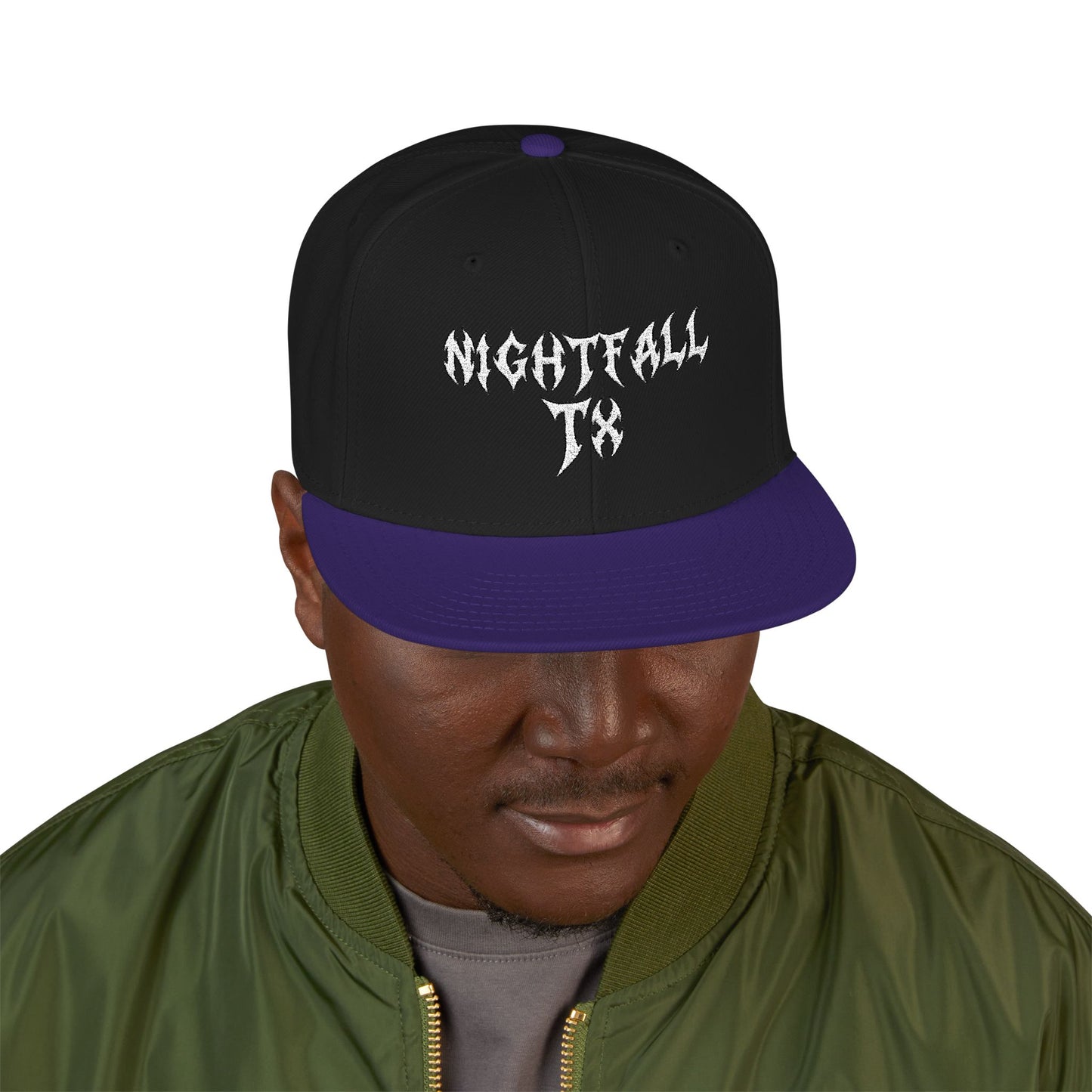 Nightfall Texas Snapback Hat — Black & Cyan Split Brim with Distressed Script