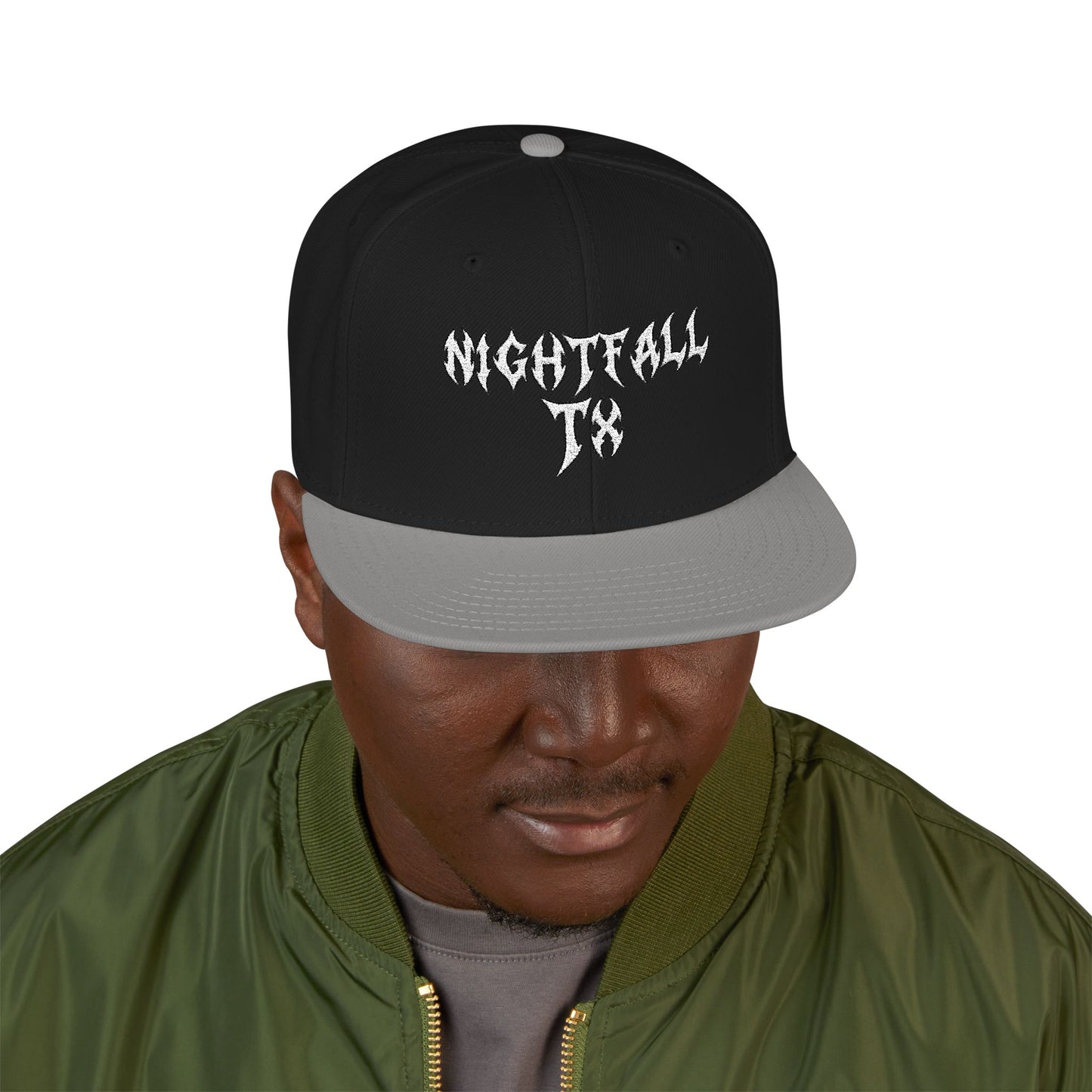 Nightfall Texas Snapback Hat — Black & Cyan Split Brim with Distressed Script