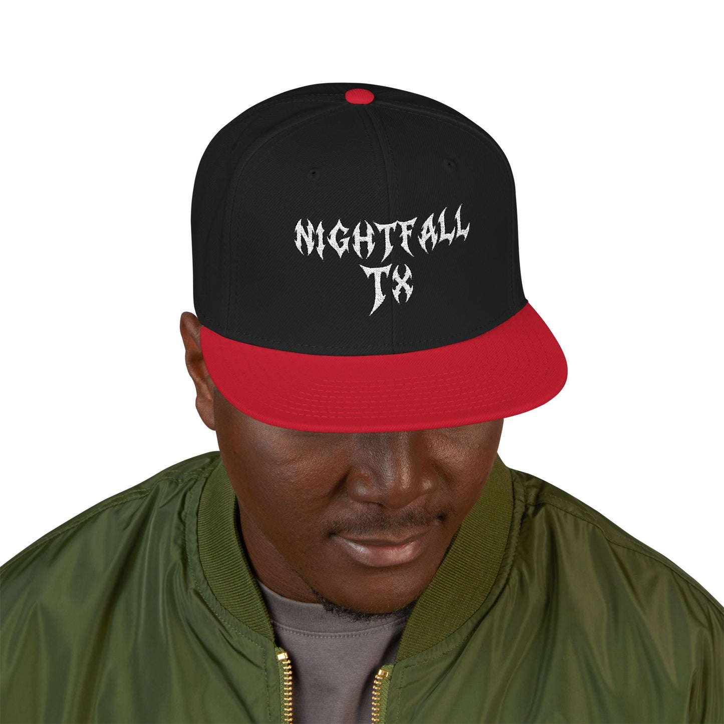 Nightfall Texas Snapback Hat — Black & Cyan Split Brim with Distressed Script